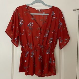 SIENNA SKY RED/ORANGE FLORAL BLOUSE SIZE L